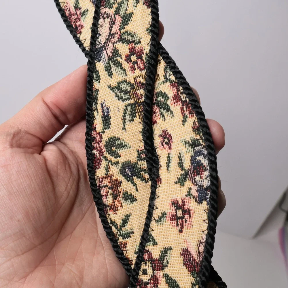 Vintage Floral Tapestry Braided Belt Black Trim Woven 90s Romantic Retro Cottage